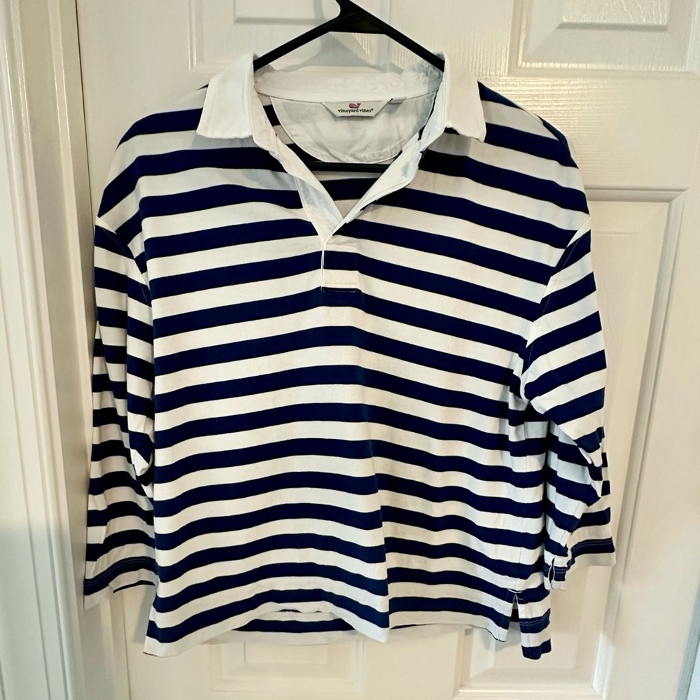 Women’s Vineyard Vines White and Navy Rugby Striped Popover Shirt size XXS